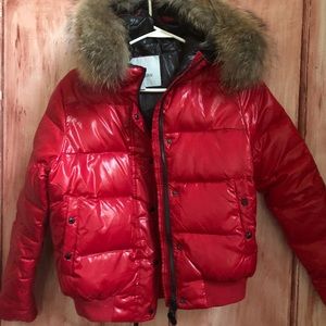 red shiny moncler coat